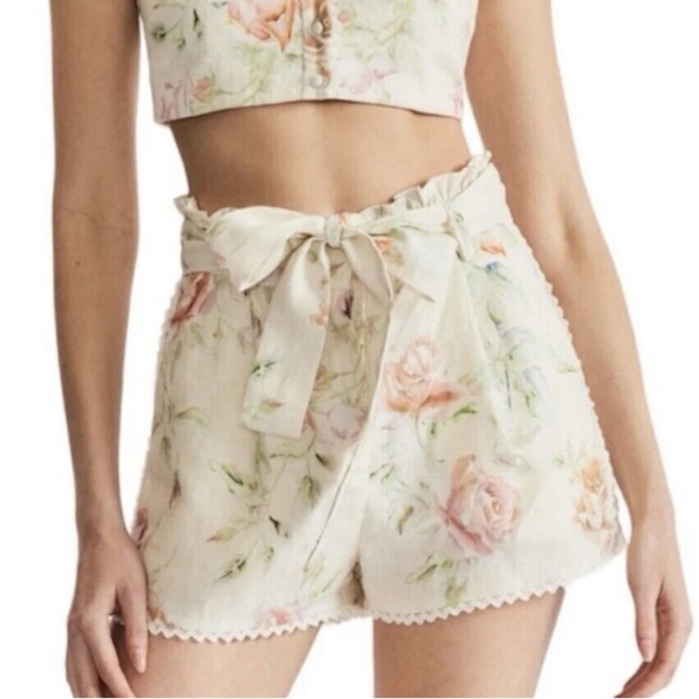 Caroline Constas linen shorts floral waist tie Msrp $695 luxury clothing